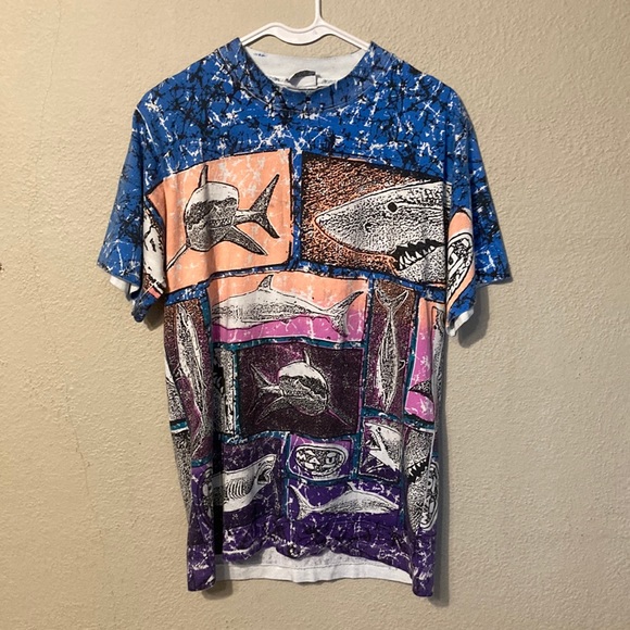 Vintage 1994 Maui and Sons Single Stitch Shark AOP Size Medium